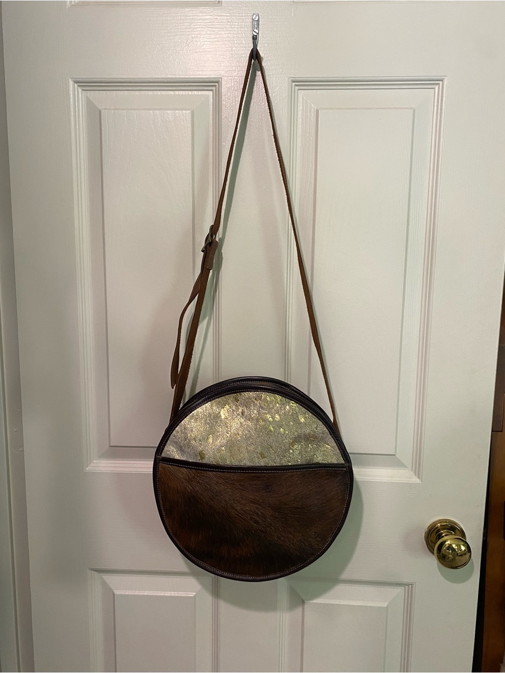 Leather Two-Tone Brown & Beige Calf Hair Round Canteen Crossbody Bag - Picture 7 of 8